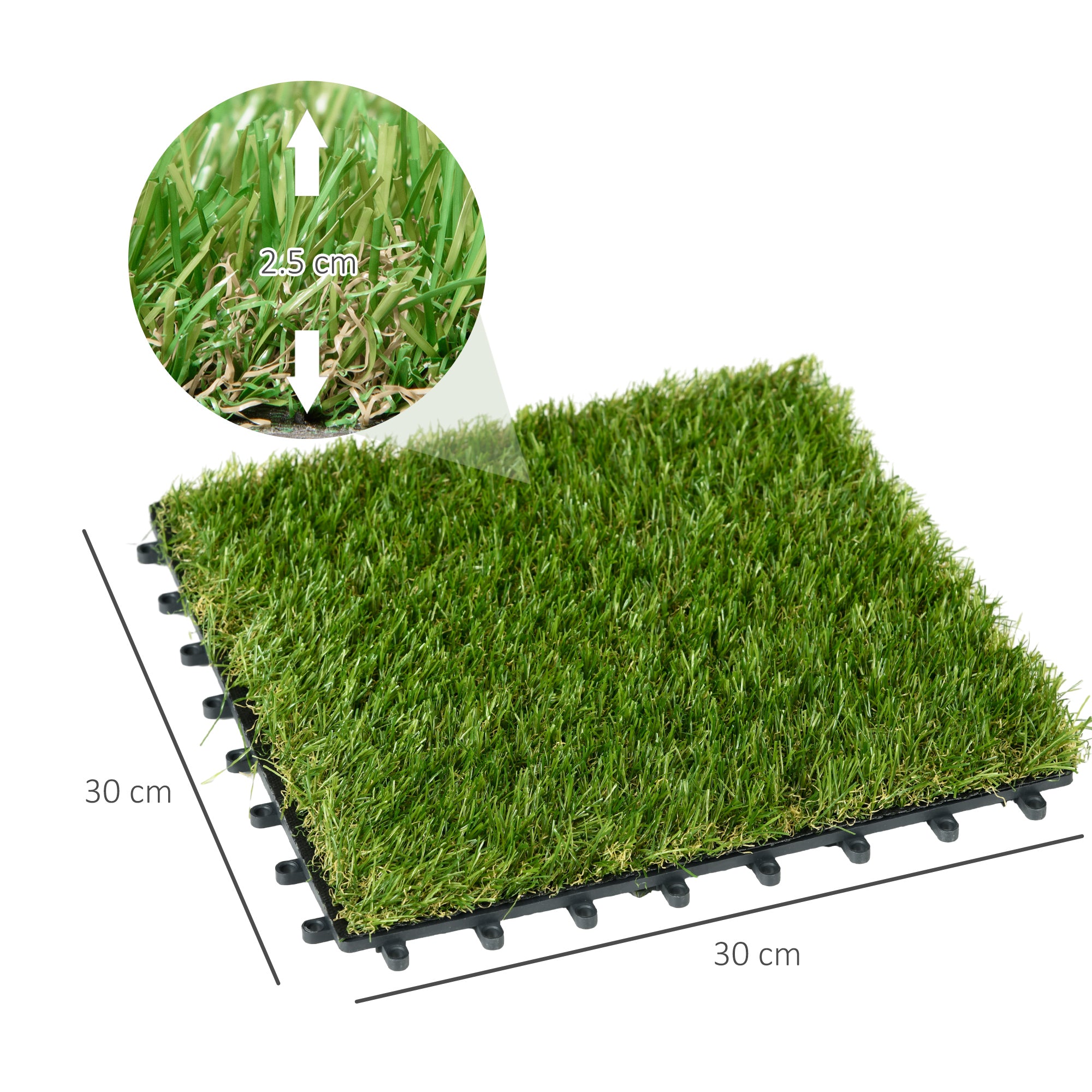 Outsunny 10-Piece Artificial Grass Set, Weatherproof Turf Tiles, 25mm Pile Height, Outdoor Carpet for Garden, Balcony & Patio, 30 x 30cm, Dark Green 