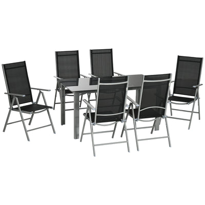 Outsunny 7 Piece Garden Dining Set, Outdoor Table and 6  Folding and Reclining Chairs, Aluminium Frame, Tempered Glass Top Table, Texteline Seats, Black 