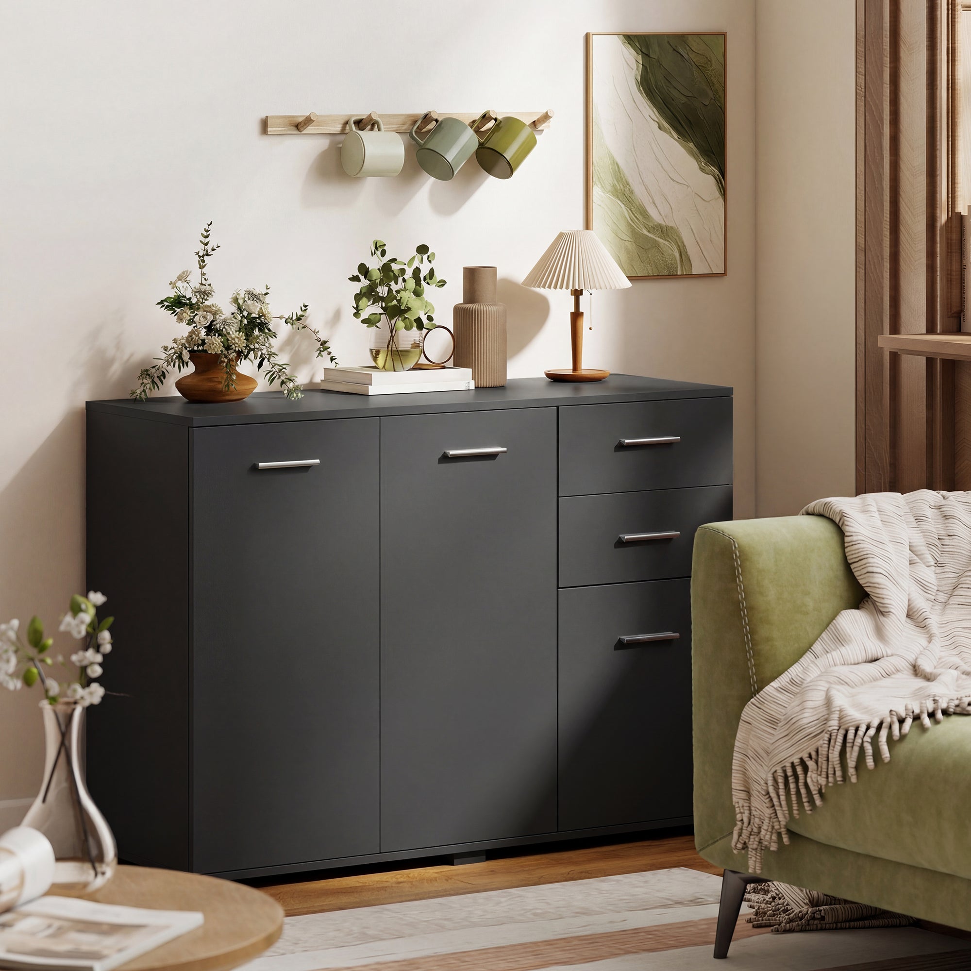 HOMCOM Sideboard, Modern Storage Cabinet with 2 Drawers, 3 Doors and Adjustable Shelves, Black 