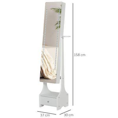 HOMCOM Jewellery Cabinet, Full Length Mirror with Storage, Free Standing Mirror with LED Lights, Hooks, Drawer and Hairdryer Holder for Bedroom, White 