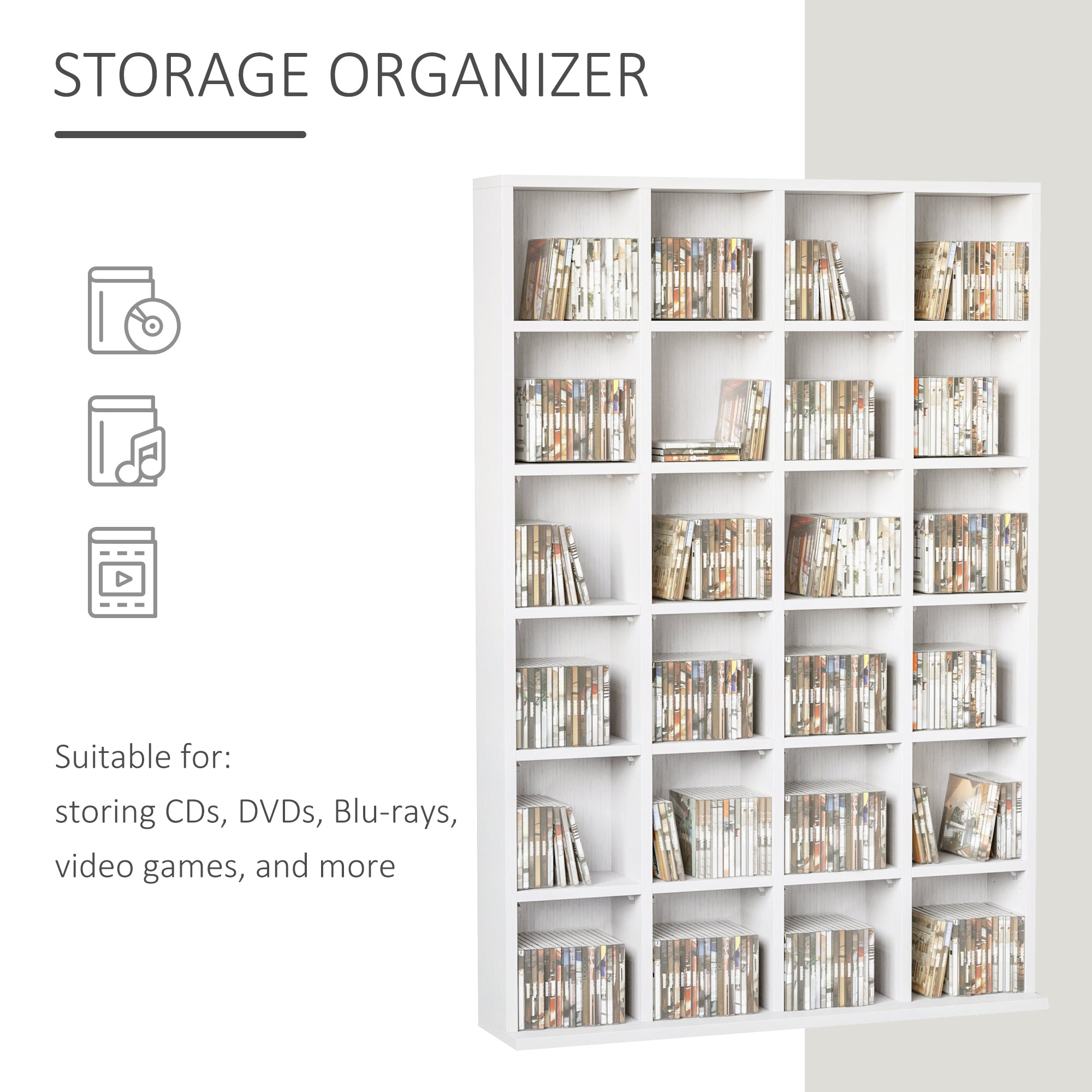 HOMCOM CD Storage Unit with Adjustable Shelves, 89 x 130.5 cm, White 