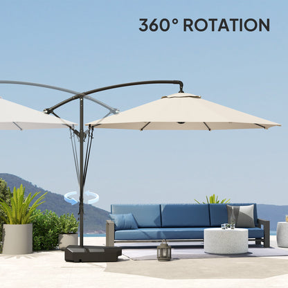 Outsunny 3(m) Garden Cantilever Parasol with Fillable Base, Wind Protection Strap, Cover, Round Banana Hanging Umbrella with Crank Handle and Tilt, Patio Umbrella for Outdoor Sun Shade, UPF50+, Cream 