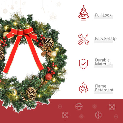 HOMCOM 60cm Pre-Lit Artificial Christmas Door Wreath Holly LED Decor Pine Cones Hanging Glittered Festival Indoor Outdoor Decoration 
