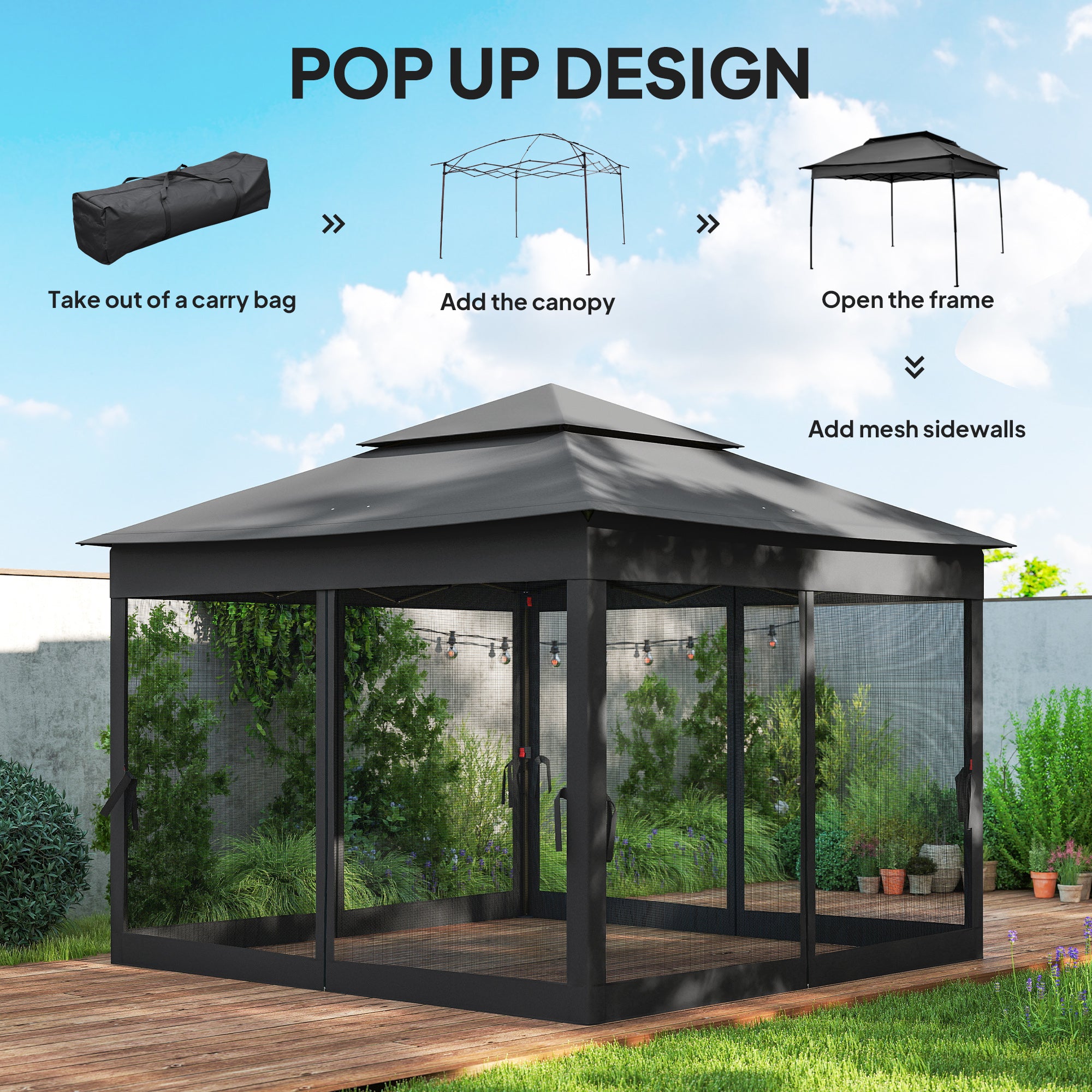 Outsunny 3 x 3(m) Pop Up Gazebo, Double-roof Garden Tent with Netting and Carry Bag, Party Event Shelter, Black 