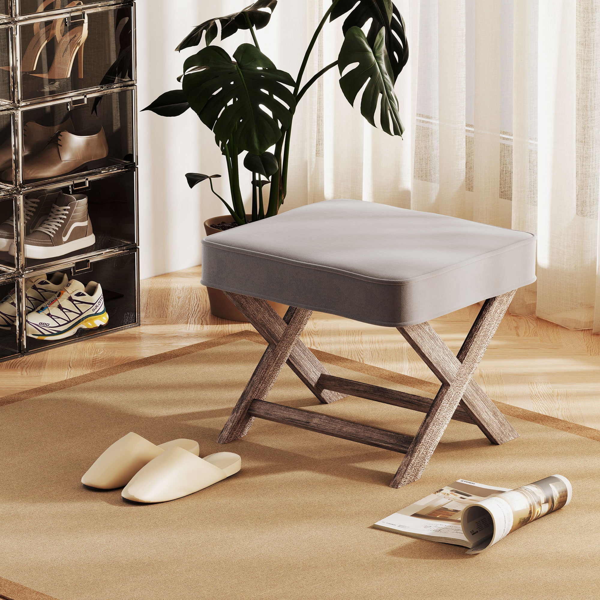 HOMCOM Vintage Footstool Padded Seat X Leg Chair Velvet Cover Shabby Chic Footrest Solid Rubber Wood Frame 49.5 x 45 x 41 cm Grey 