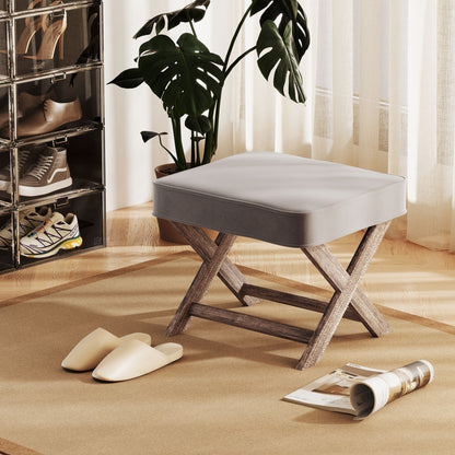 HOMCOM Vintage Footstool Padded Seat X Leg Chair Velvet Cover Shabby Chic Footrest Solid Rubber Wood Frame 49.5 x 45 x 41 cm Grey 