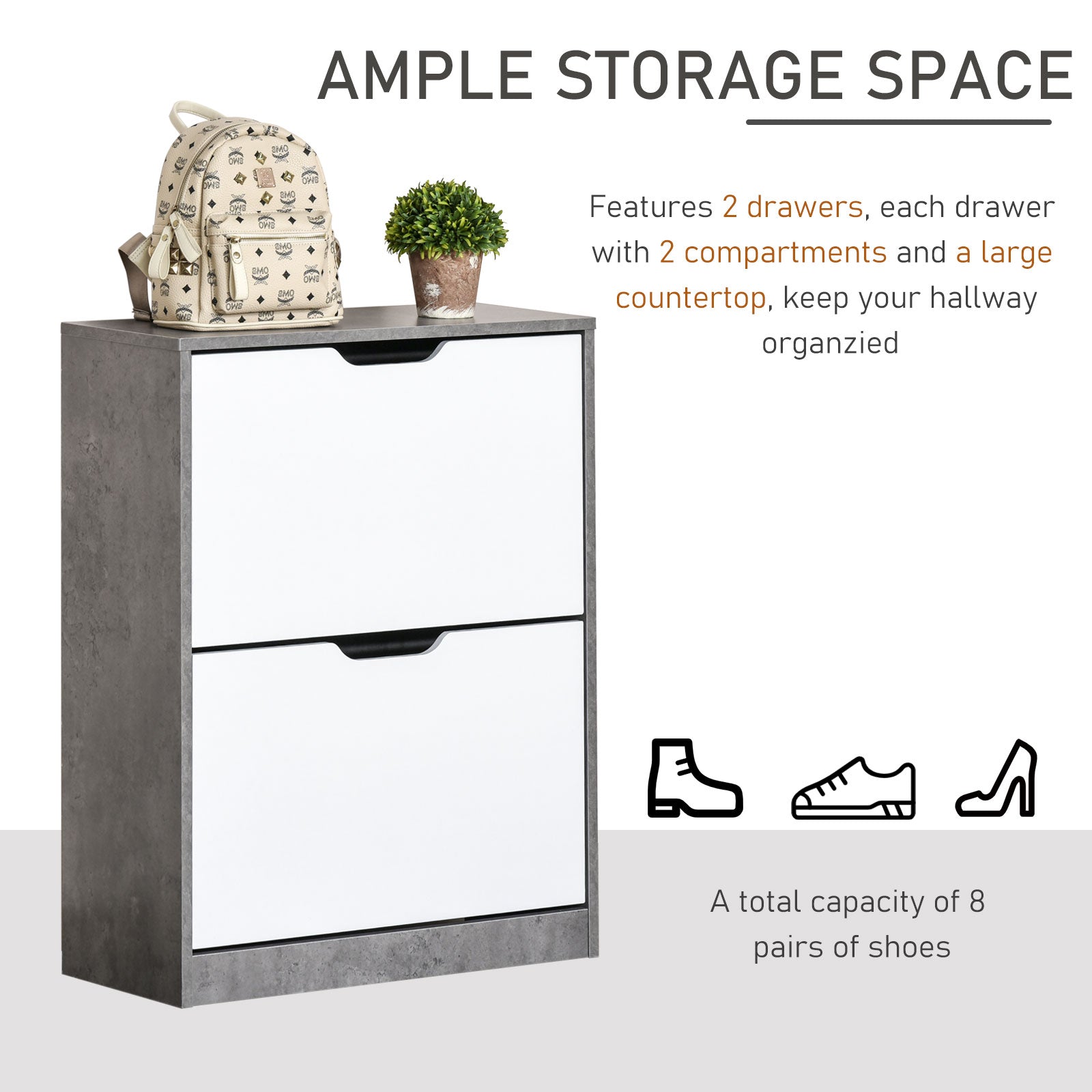 HOMCOM Two Drawer Shoe Cabinet Home Storage Organiser w/ Groove Handles Adjustable Shelves Modern Boxy Rack Hallway Bedroom Furniture 