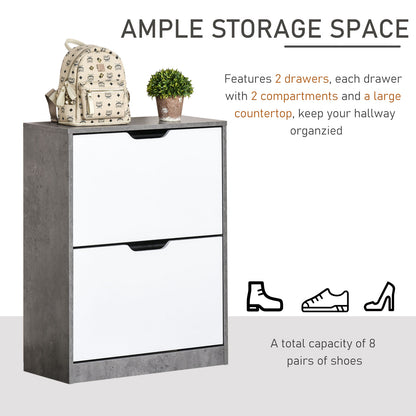 HOMCOM Two Drawer Shoe Cabinet Home Storage Organiser w/ Groove Handles Adjustable Shelves Modern Boxy Rack Hallway Bedroom Furniture 