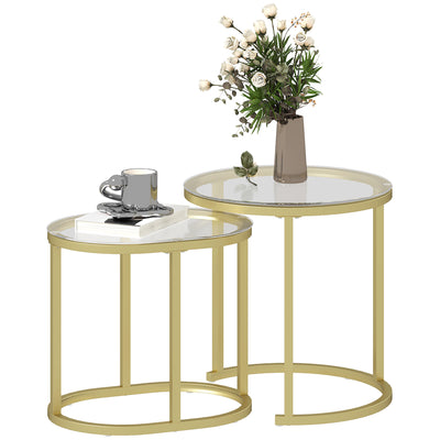 HOMCOM Modern Coffee Table Set of 2, Nest of Tables with Steel Frame and Tempered Glass Tabletop, Side Tables for Living Room Bedroom, Clear 
