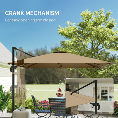 Outsunny 3 x 3 m Cantilever Parasol, Square Patio Umbrella with Crank Handle, Cross Base, Tilt, 360° Rotation, Khaki 