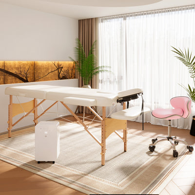 HOMCOM Portable Massage Bed, Folding Spa Beauty Massage Table with 2 Sections, Carry Bag and Wooden Frame, Cream 