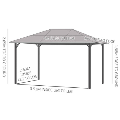 Outsunny 3 x 4m Hardtop Gazebo Canopy with Polycarbonate Roof, Aluminium Frame, Permanent Pavilion Garden Gazebo with Netting and Curtains - Grey 