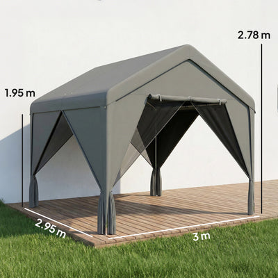 Outsunny 3 x 3 m Patio Gazebo with Netting & Curtains, Outdoor Canopy Shelter with Galvanised Steel Frame, Dark Grey 