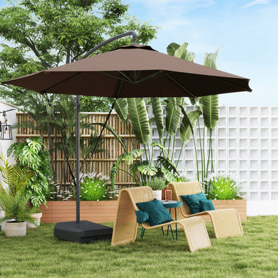 Outsunny 3(m) Garden Cantilever Parasol with Fillable Base, Wind Protection Strap, Cover, Round Banana Hanging Umbrella with Crank Handle and Tilt, Patio Umbrella for Outdoor Sun Shade, UPF50+, Brown 