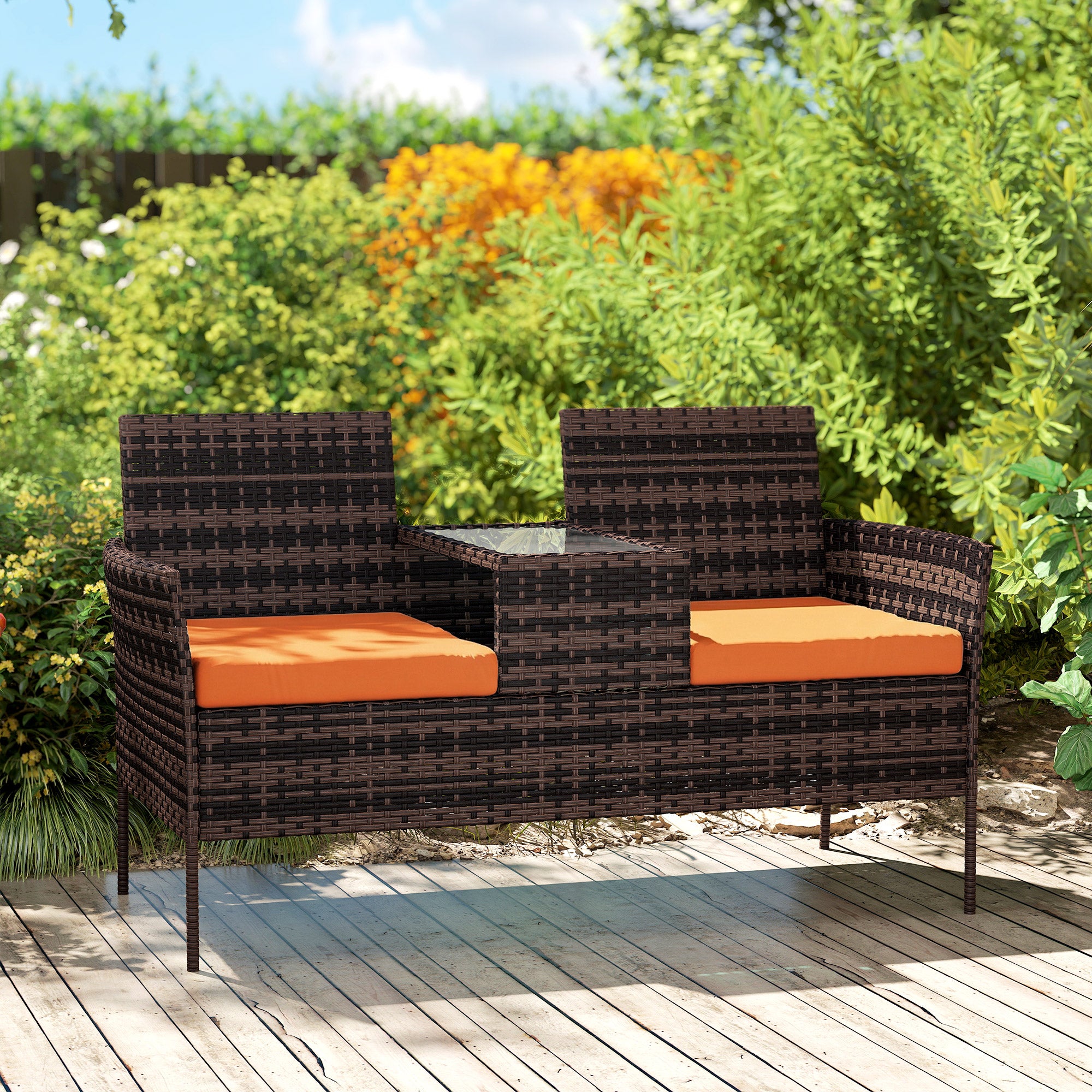 Outsunny Two-Seat Rattan Chair, with Middle Table - Orange 