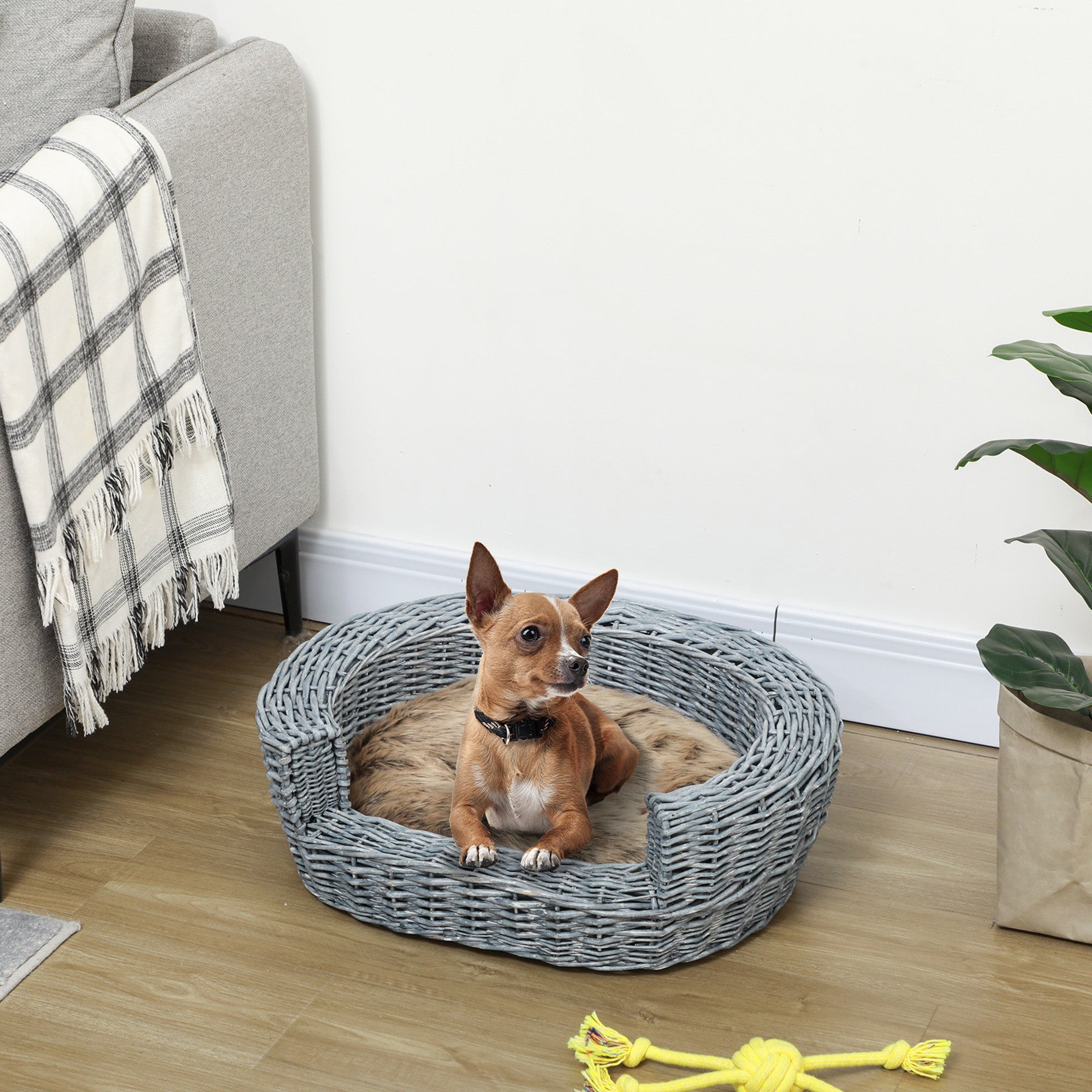 PawHut Wicker Pet Bed Willow Dog Cat Sofa Couch Puppy Basket with Cushion Grey 57L x 46W x 17.5H cm 