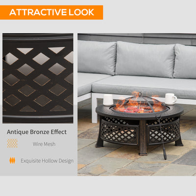 Outsunny Outdoor Fire Pit, Firepit with Grill Net, Mesh Lid, Poker, for Camping, Bonfire, Picnic, Bronze Tone 