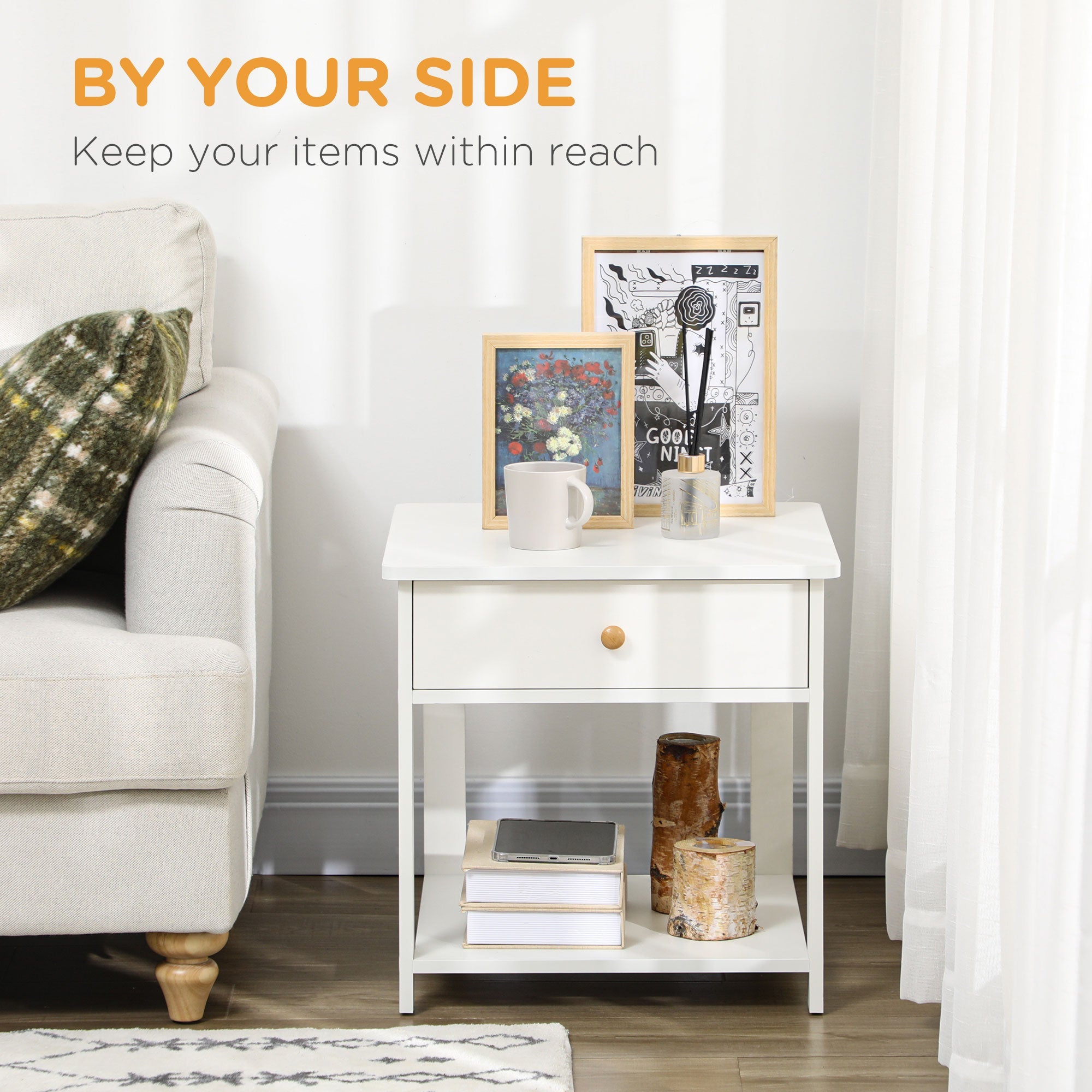 HOMCOM Bedside Table with Drawer and Bottom Shelf, Square Side End Table for Bedroom, Living Room, White 