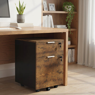 HOMCOM Two-Drawer Lockable Filing Cabinet - Black and Rustic Brown 