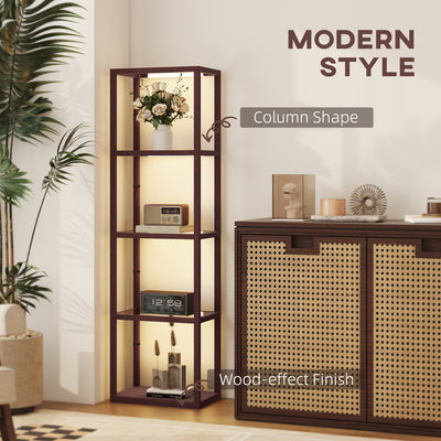 HOMCOM LED Floor Lamp with Glass Shelves, 4 Layers Dimmable Tall Standing Lamp, Modern Column Shelf Floor Light for Living Room, Bedroom, Office, Dark Brown 