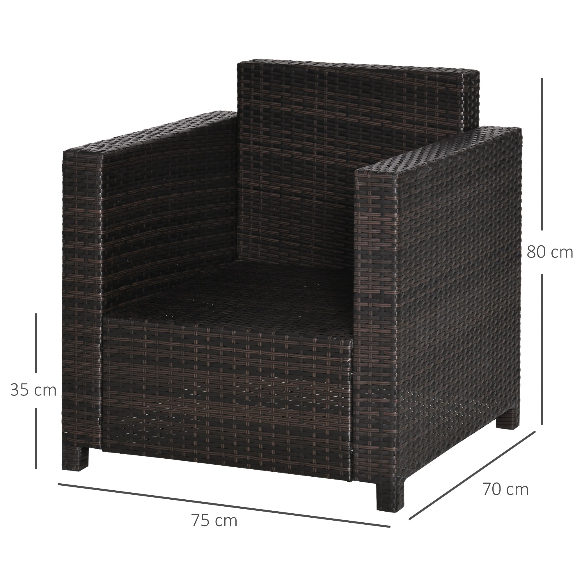 Outsunny Single Seater Rattan Chair, PE Wicker Garden Armchair with 10 cm Thickened Cushion, All-Weather Rattan Garden Chair with Armrests, Brown 