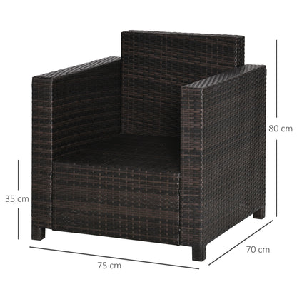 Outsunny Single Seater Rattan Chair, PE Wicker Garden Armchair with 10 cm Thickened Cushion, All-Weather Rattan Garden Chair with Armrests, Brown 