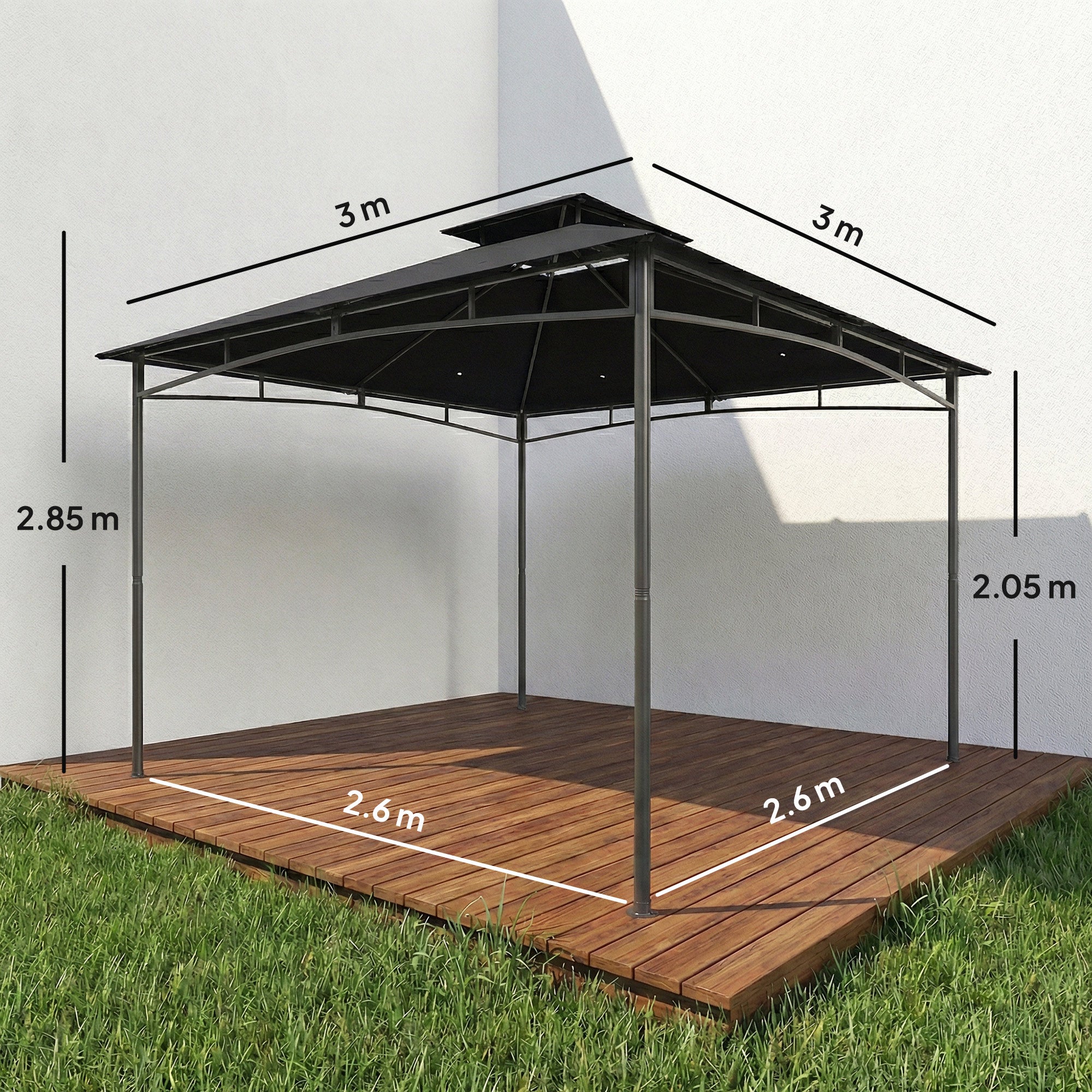 Outsunny 3 x 3 m Gazebo, Garden Gazebo with 2-Tier Roof, Metal Frame, Black 