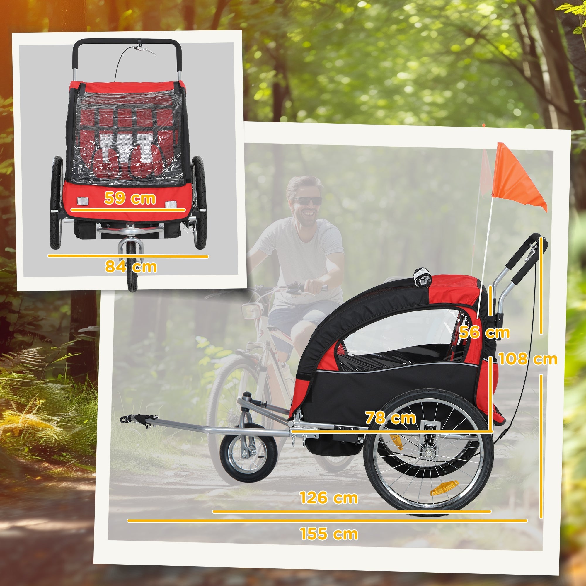 HOMCOM 2 Seat Bike Trailer with 5 Point Harness, Baby Bike Stroller with Safety Flag, Reflectors, for 18+ Months, Red 