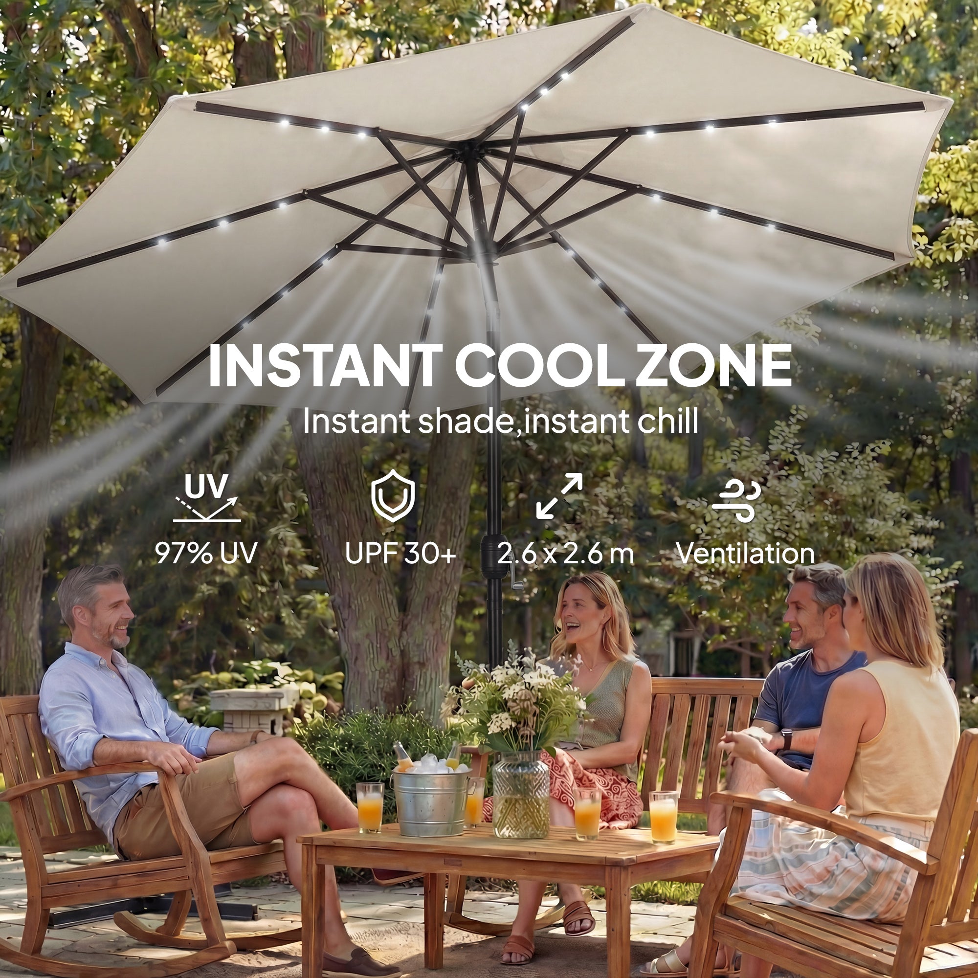 Outsunny 2.6 m Garden Parasol Umbrella with LED Solar Light, Parasol Cover, Outdoor Market Patio Umbrella, Cream White 