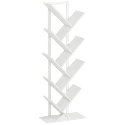HOMCOM 9-Tier Tree Bookshelf, Industrial Free Standing Bookcase with Steel Frame, Display Storage White 