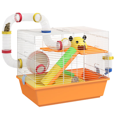 PawHut 3 Tiers Gerbil Cage, Hamster Cage with Tubes, Exercise Wheel, Ladder, Top Handle, 45 x 28 x 37cm - Orange 