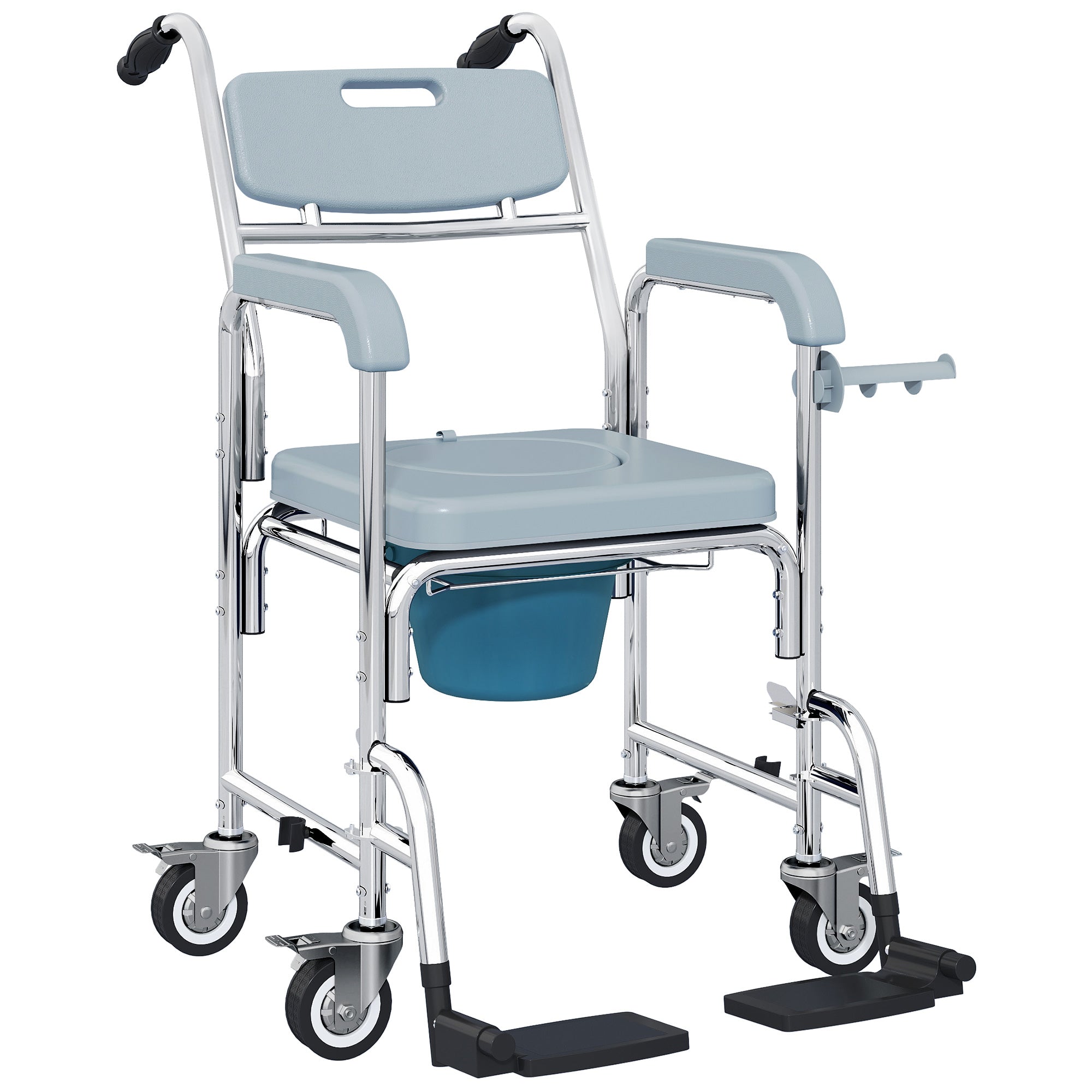 HOMCOM Rolling Shower Wheelchair for Seniors, Bedside Commode Chair with Locking Wheels, Seat, Backrest, Arms, Grey 