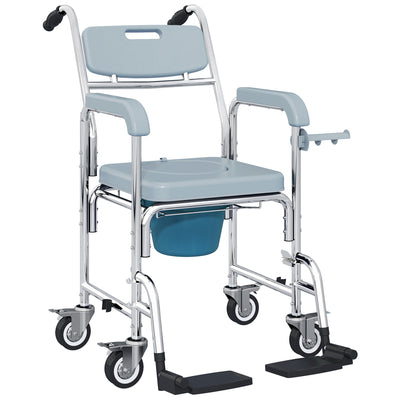 HOMCOM Rolling Shower Wheelchair for Seniors, Bedside Commode Chair with Locking Wheels, Seat, Backrest, Arms, Grey 