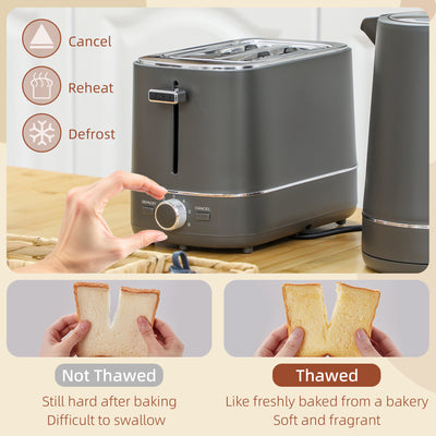 HOMCOM Kettle and Toaster Set, 1.7L 3000W Fast Boil Kettle & 2 Slice Toaster Kitchen Set with 6 Level Browning Controls, Defrost, Reheat, Grey 