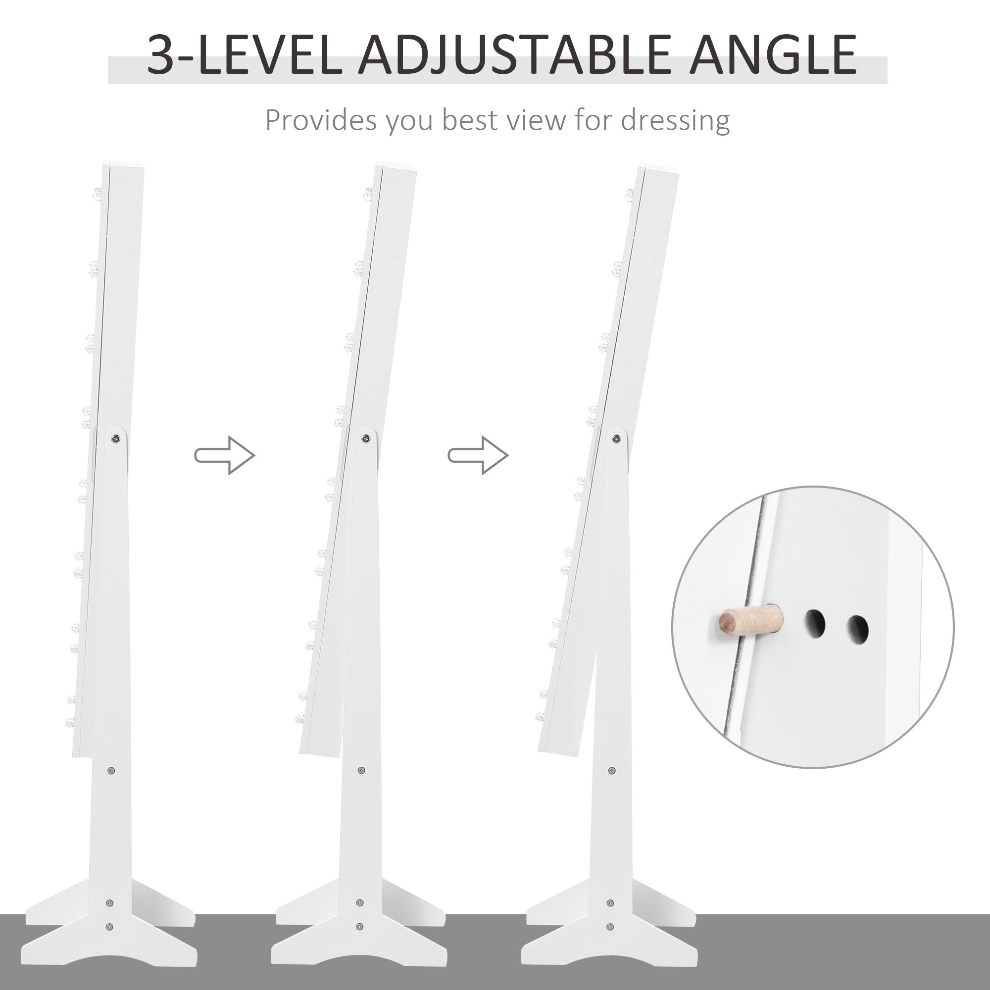 HOMCOM Free Standing LED Mirrored Jewelry Cabinet Armoire Floor Organiser W/ 3 Angle Adjustable For Rings Earrings Bracelets Cosmetics Warm White 