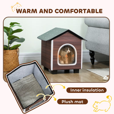 PawHut Insulated Outdoor Cat House, Water-Resistant Feral Cat Shelter with Elevated Base and Cushion, Red-brown 