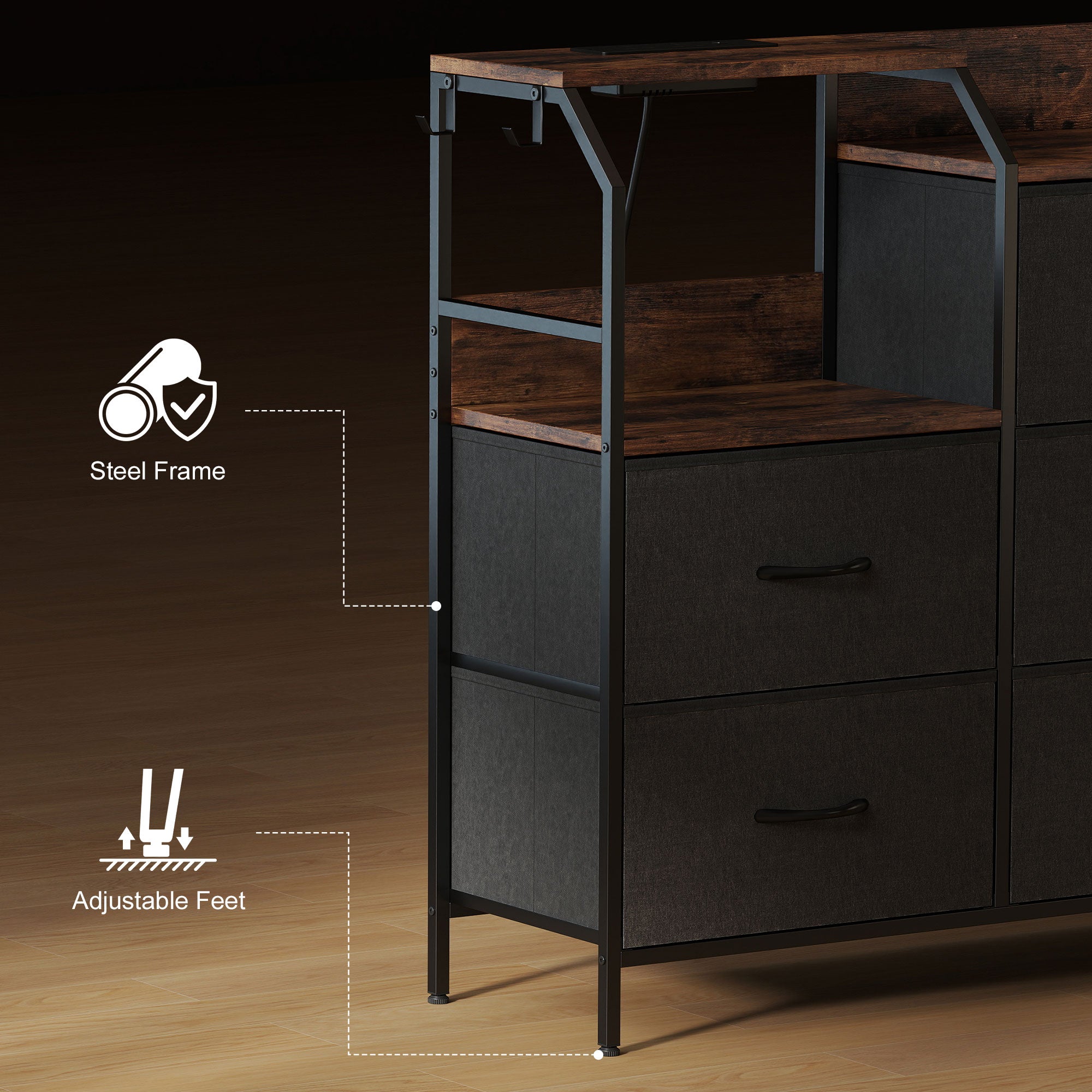 HOMCOM Chest of Eight Drawers, with Charging Station - Brown/Black 