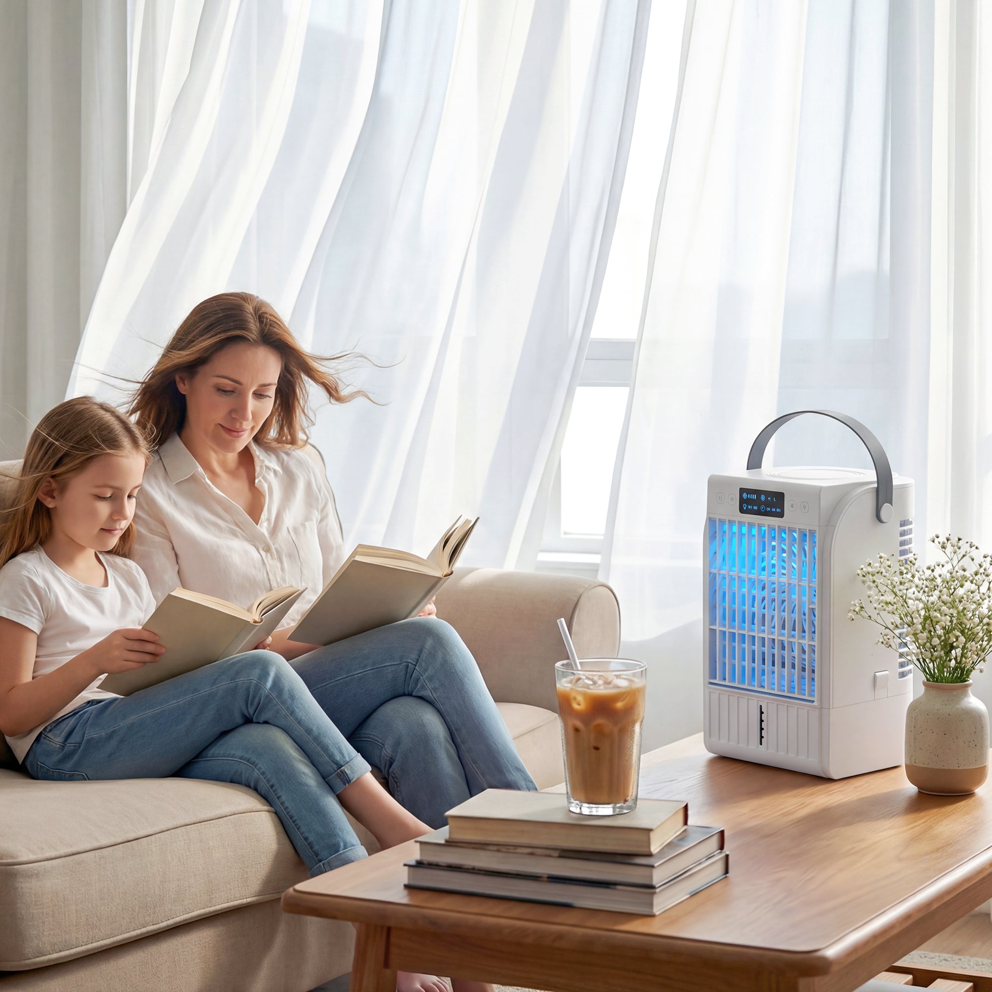 HOMCOM Portable Air Conditioner, 4-in-1 Mini Air Cooler with 4 Wind Speed, 2 Cool Mist, RGB 7 LED Light, White 