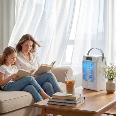 HOMCOM Portable Air Conditioner, 4-in-1 Mini Air Cooler with 4 Wind Speed, 2 Cool Mist, RGB 7 LED Light, White 