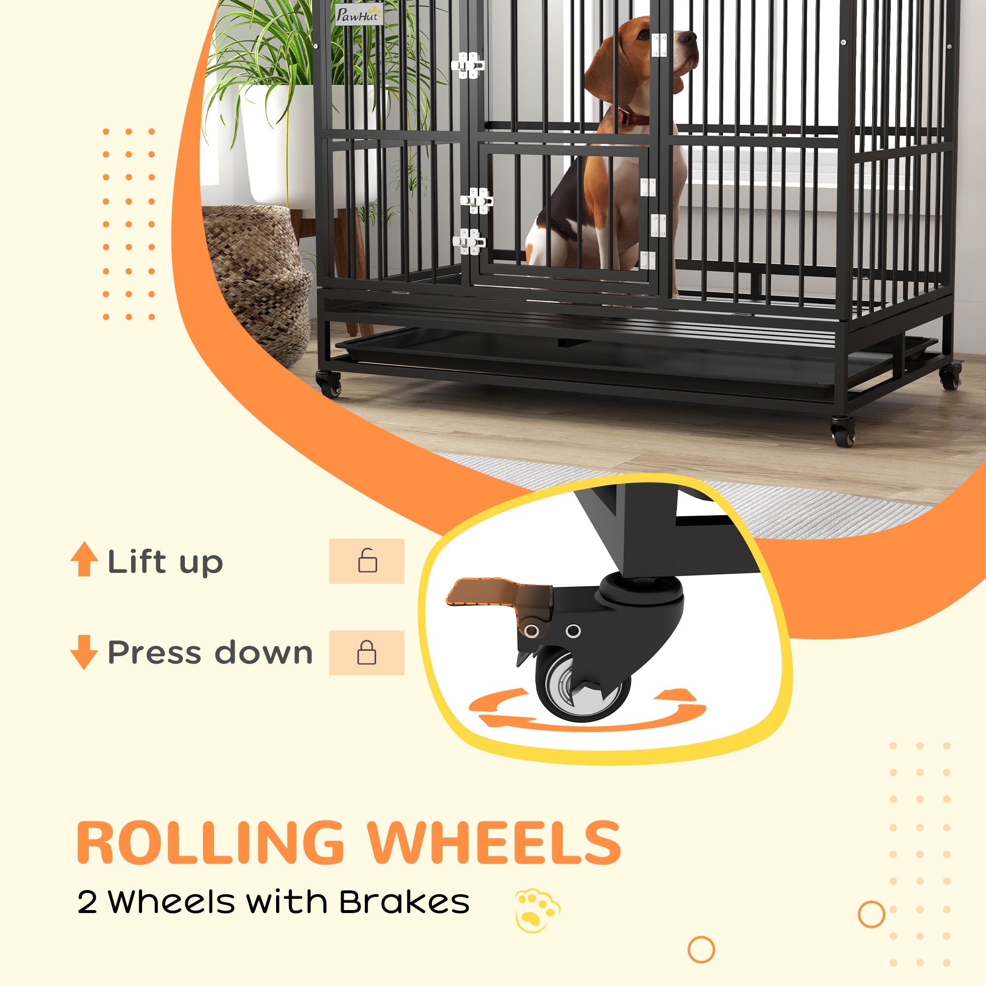 PawHut 48" Heavy Duty Dog Crate on Wheels, with Removable Tray, Openable Top, for L, XL Dogs - Black 