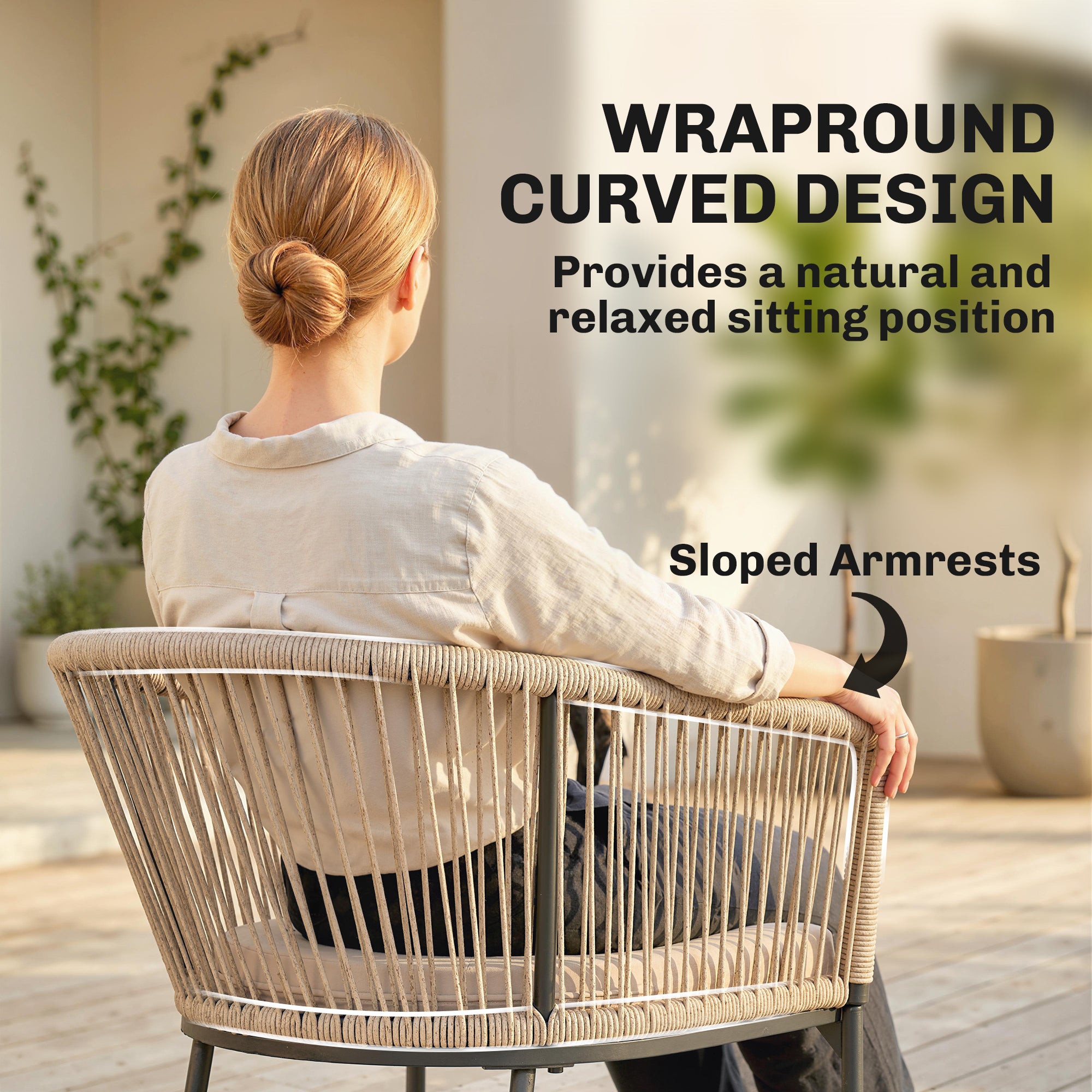 Outsunny Garden Chairs Set of 2, Rattan Garden Dining Chairs with String Back Armrests, Cushions, Natural Wood Finish 