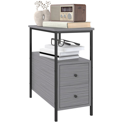 HOMCOM Side Table, Narrow Bedside Table with 2 Drawers and Storage Shelf, Industrial End Table with Metal Frame for Small Spaces, Grey Wood Grain 
