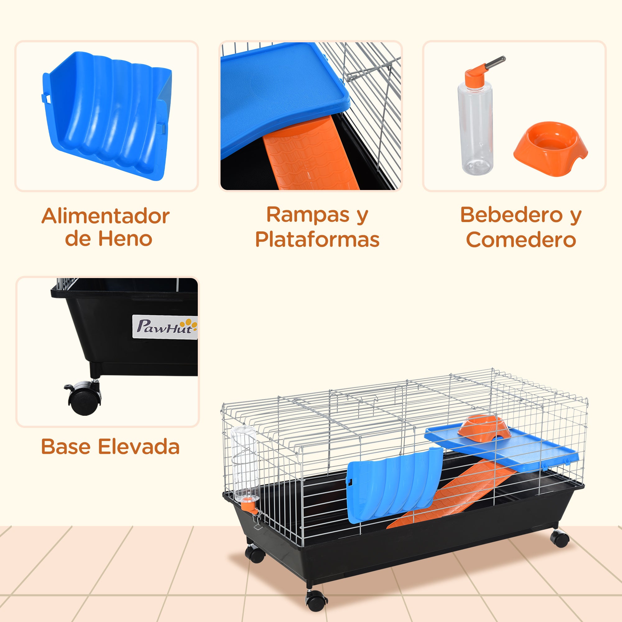PawHut Small Animal Cage Rabbit Guinea Pigs Chinchillas Cage w/ Wheels Water Bottle Food Dish Platform Ramp 89 x 44 x 43 cm Black 