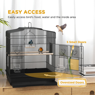 PawHut Large Metal Bird Cage with Perches, Food Bowls, Swing for Budgie, Parakeet, 46.5 x 36 x 59cm, Black 
