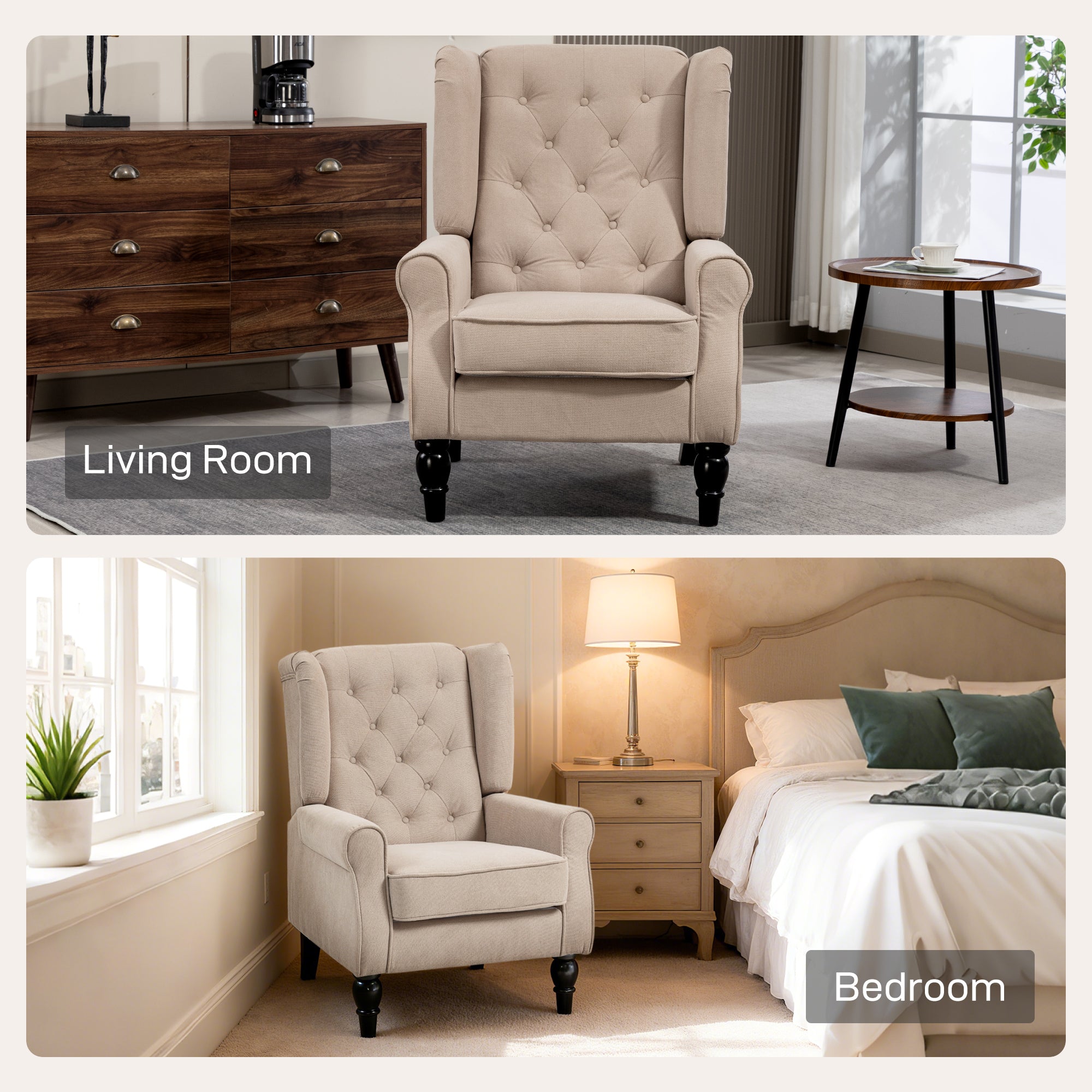 HOMCOM Wingback Accent Chair, Retro Upholstered Button Tufted Occasional Chair for Living Room and Bedroom, Beige 