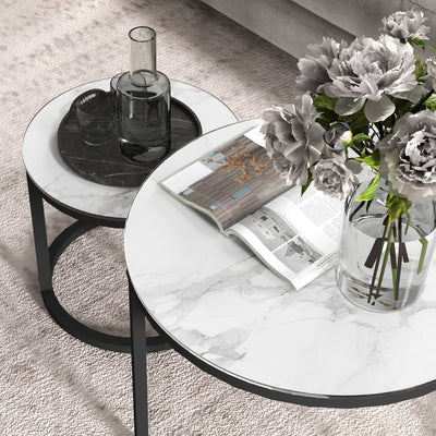 HOMCOM Glass Coffee Table Set of 2, Round Nest of Tables with Marble-Effect Tempered Glass Tabletop and Steel Frame, Modern Side Tables for Living Room, White 