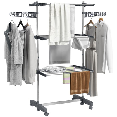 HOMCOM Three-Shelf Collapsing Clothes Horse, With Side Arms and Wheels - Grey 