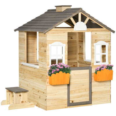 Outsunny Wooden Playhouse for Kids Outdoor Wendy House with Door, windows, Bench, Service Stations, Flowerpot Holder, For Ages 3-7 Years 