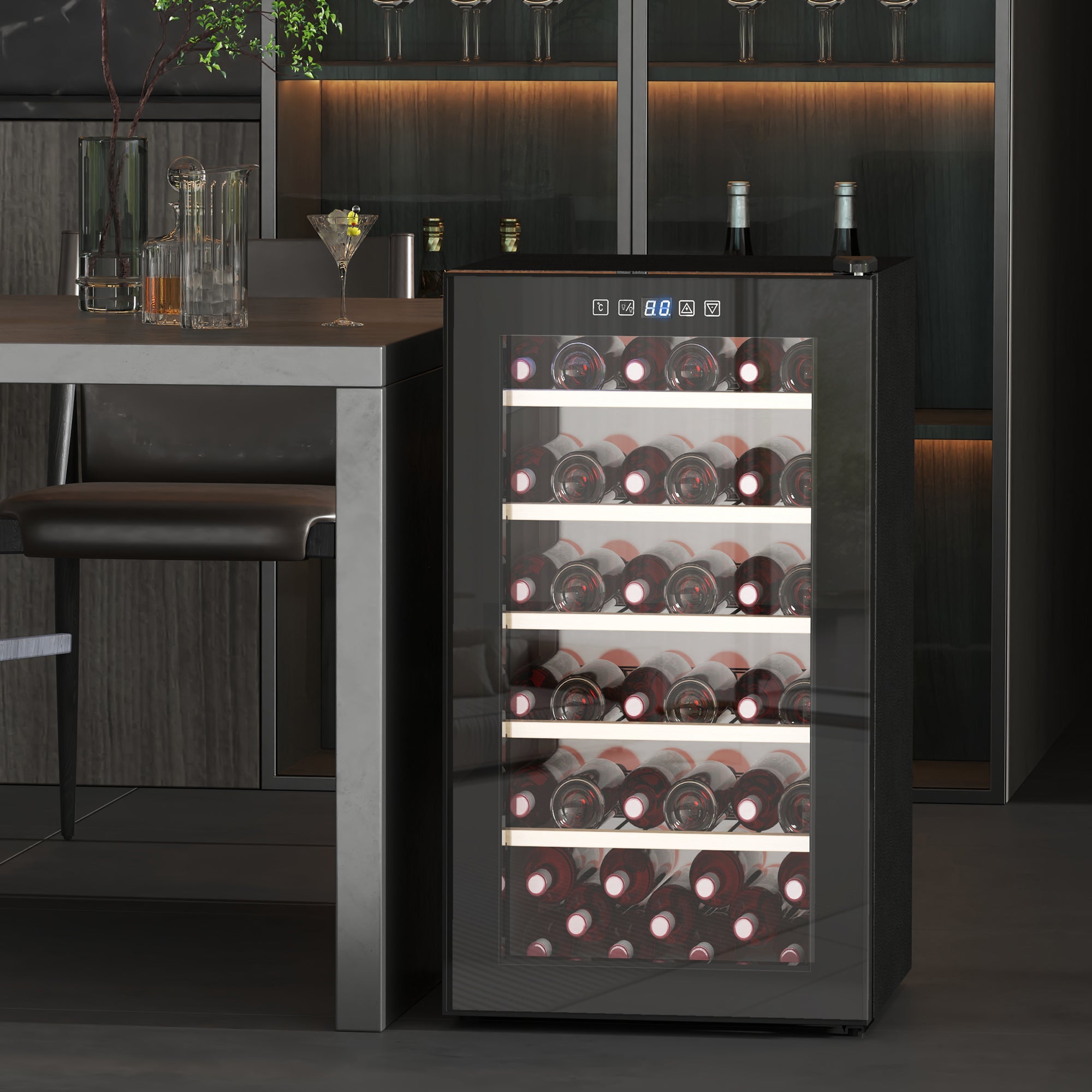 HOMCOM 41 Bottle Wine Fridge, 91 Litre Capacity, 45cm Wine Cooler Fridge with Glass Door, LED Light, Digital Touch Screen, Temperature Control, Freestanding Wine Refrigerator, Black 