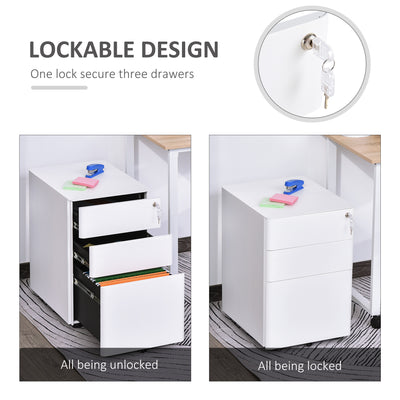 Vinsetto Lockable Cabinet, Rolling Filing Cabinet with 3 Drawers, Steel Office Drawer Unit for A4, Letter, Legal Sized Files 